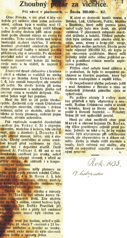 Příseka 17. 11. 1935 - zhoubný požár za vichřice