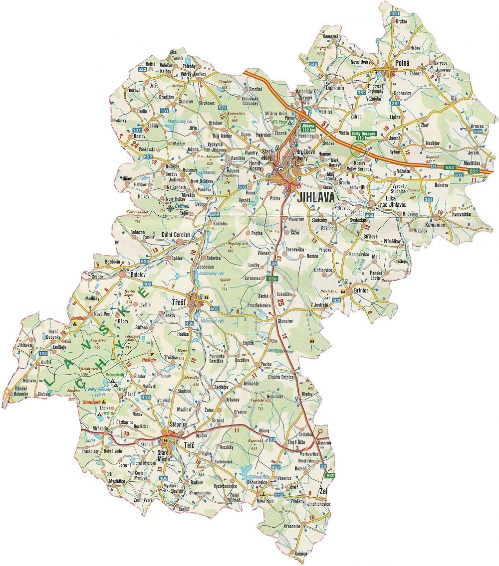 Podrobná mapa okresu Jihlava
